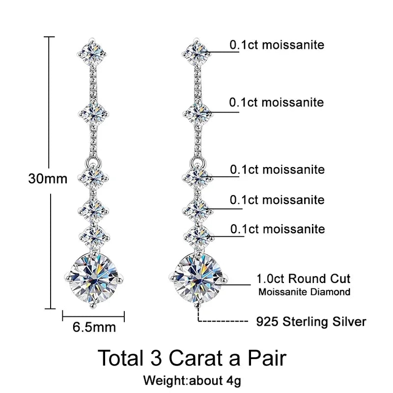 Moissanite Dangle Earrings For Women 3ct a Pair D Color VVS1 Diamond Long Tassel Ear Drops 925 Sterling Silver Fine Jewelry Gift