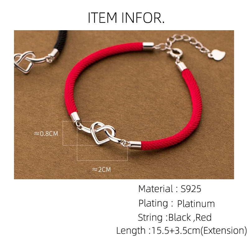 16-19.5cm 925 Sterling Silver Heart Red Rope Bracelets Black Red Thread String Jewelry Bracelets For Women Couple Girl