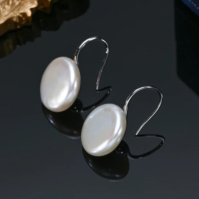 HENGSHENG OL Natural Freshwater 11-13mm White Button Shape Baroque Pearl 925 Sterling Silver Ear Hook Jewelry for Women Girls