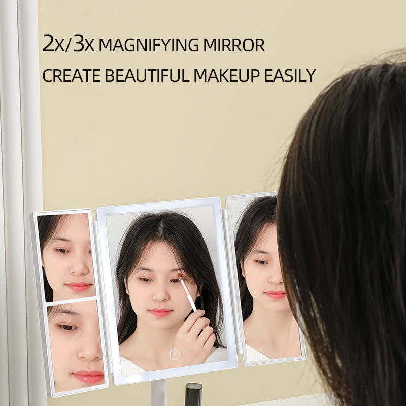 Folding LED Vanity Makeup Mirror with Touch Screen 3 Tone Light 2X/3X Magnifying 360° Rotate Rechargeable Dimming Make Up Mirror