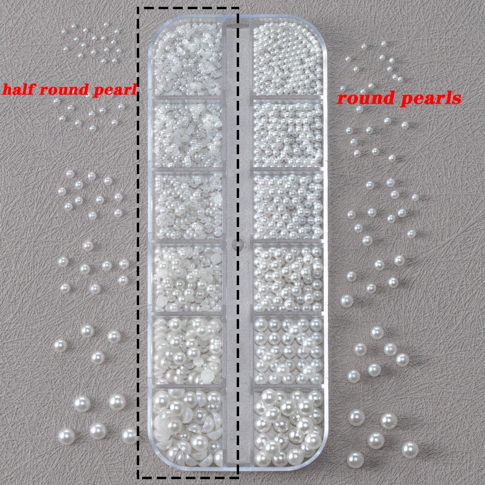 Round White Pearls Nail Beads Nail Charms 12 grids (0.15-0.5cm) Caviar Beads Nail Jewels Half Round Pearl Gems DIY Nail Art Deco