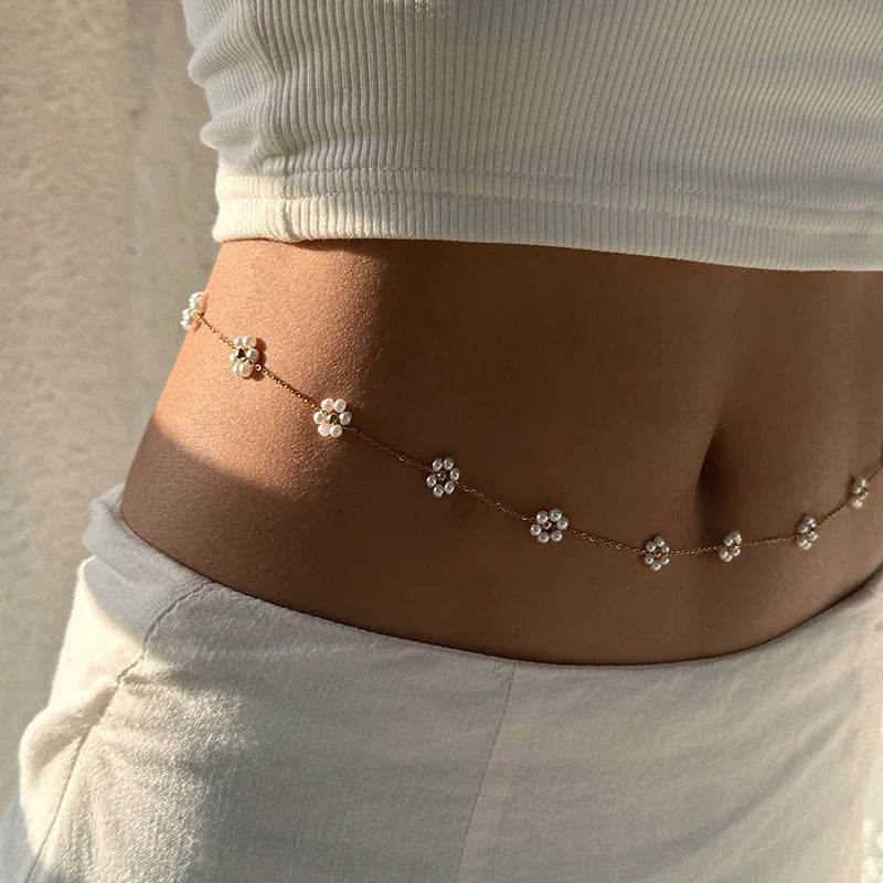 Pearl flower belly waist chain jewelry stainless steel body jewelry for women summer beach holiday jewelry cute waterproof