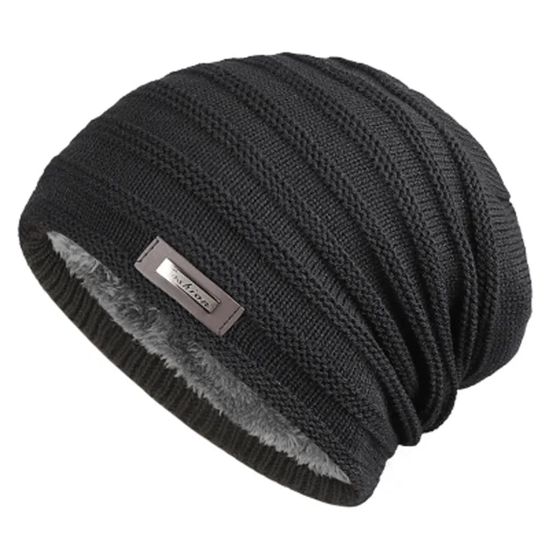 Warm Men's Winter Hat Polyester Fleece Lined Knitted Cap Striped Plain Beanies with Tag Fashion