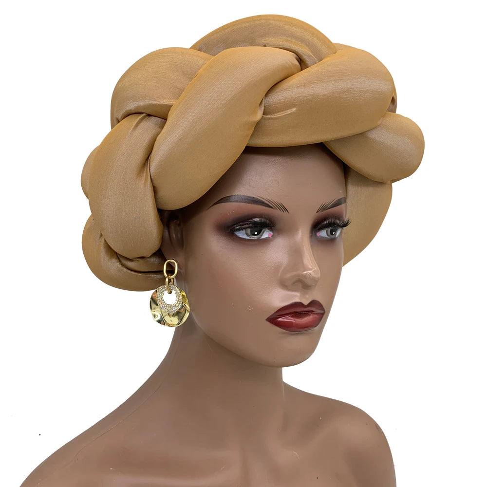 Exaggerated Big Braid Head Band Raw Silk Turban Cap for Women Nigeria Wedding Party Headpiece Female Headband