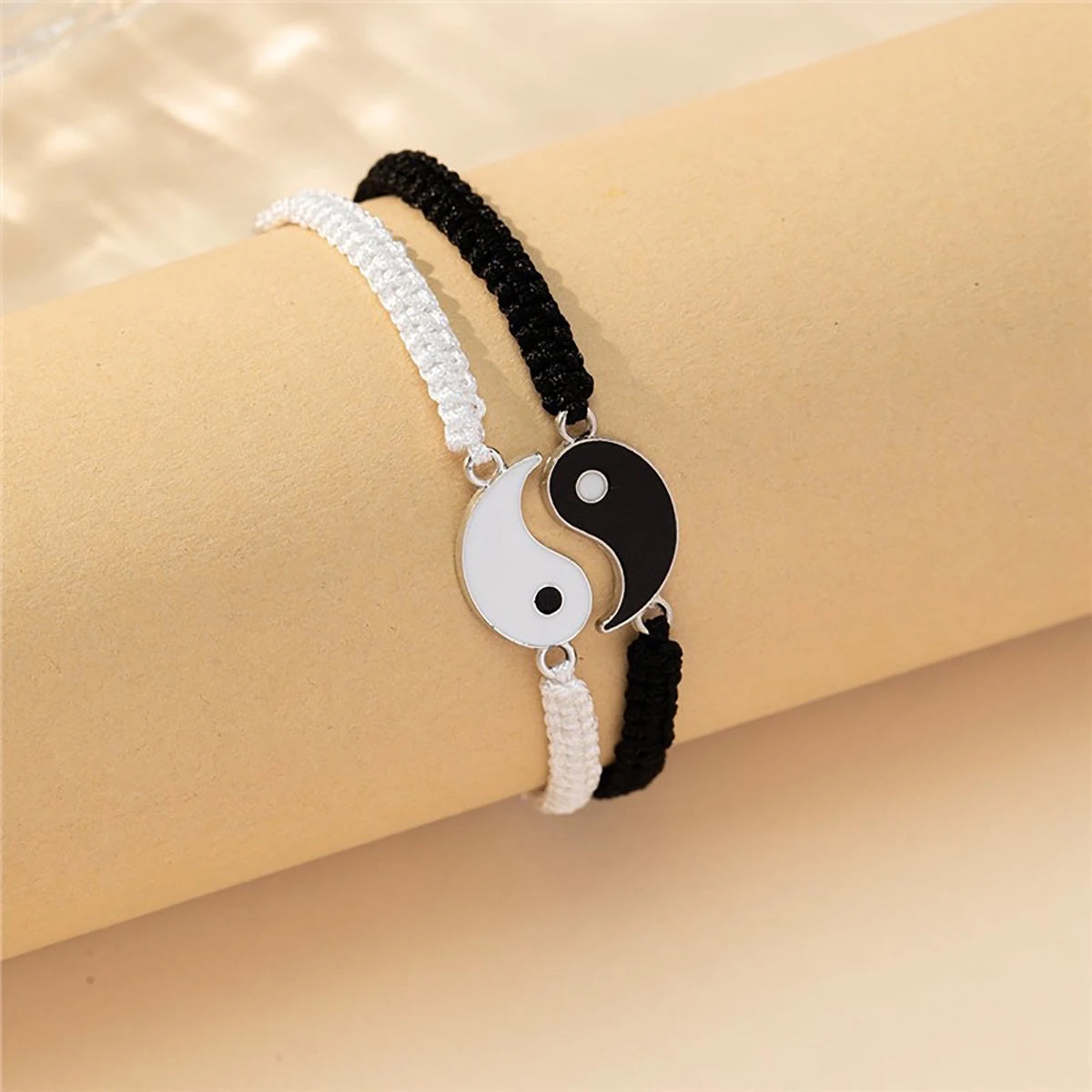 1 set of 2 simple Tai Chi bagua black and white rope braided telescopic adjustment bracelet for men and women coupl