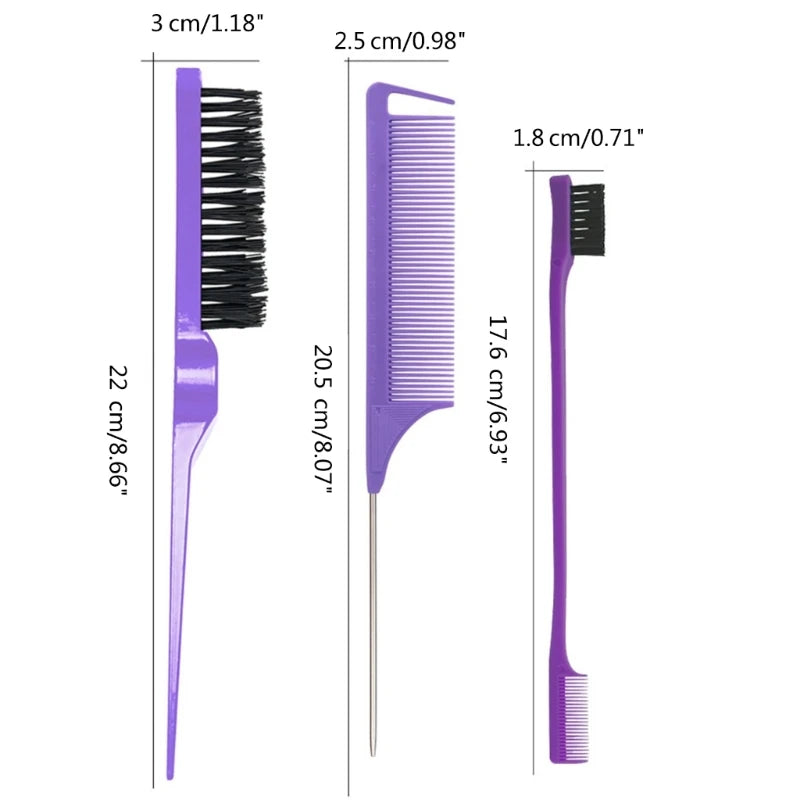 3Pcs Slick Back Hair Brush Set Bristle Hair Brush Brush Teasing Comb for Women Baby Kids Black Hair