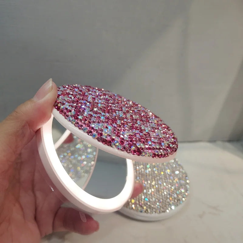 Makeup Mirror LED Chargeable Luxury Crystal Shiny Round Portable Princess Mirror Beauty Two-side Fold Small Tool for Girl Gifts