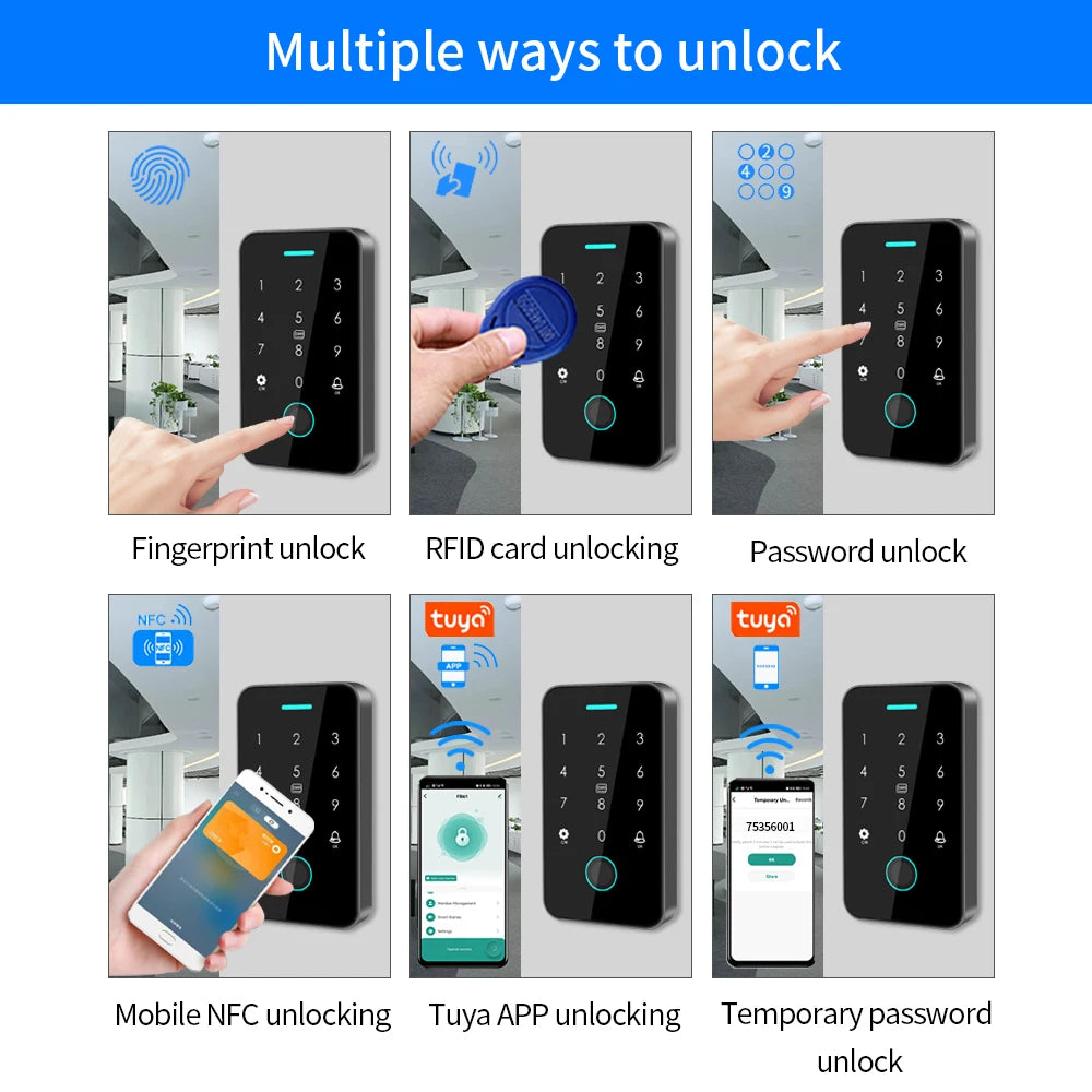 Tuya App RFID 125K 13.56mhz NFC Fingerprint Bluetooth Gate Door Opener work with WIFI Gateway + Access Control Keypad Rainproof