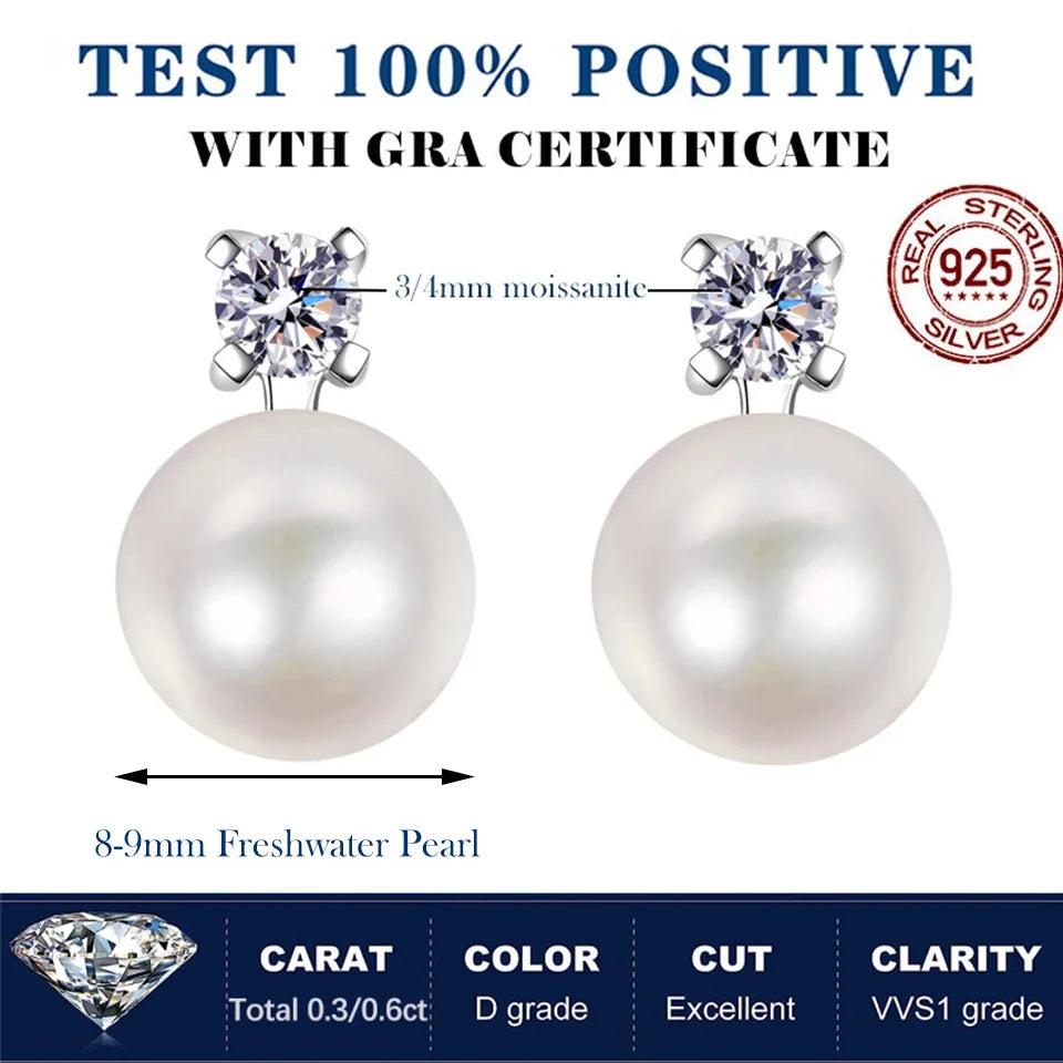 0.1/0.3 Carat Moissanite Stud Earrings For Women Freshwater Pearl Drop Earring 925 Sterling Silver Fine Jewelry with GRA