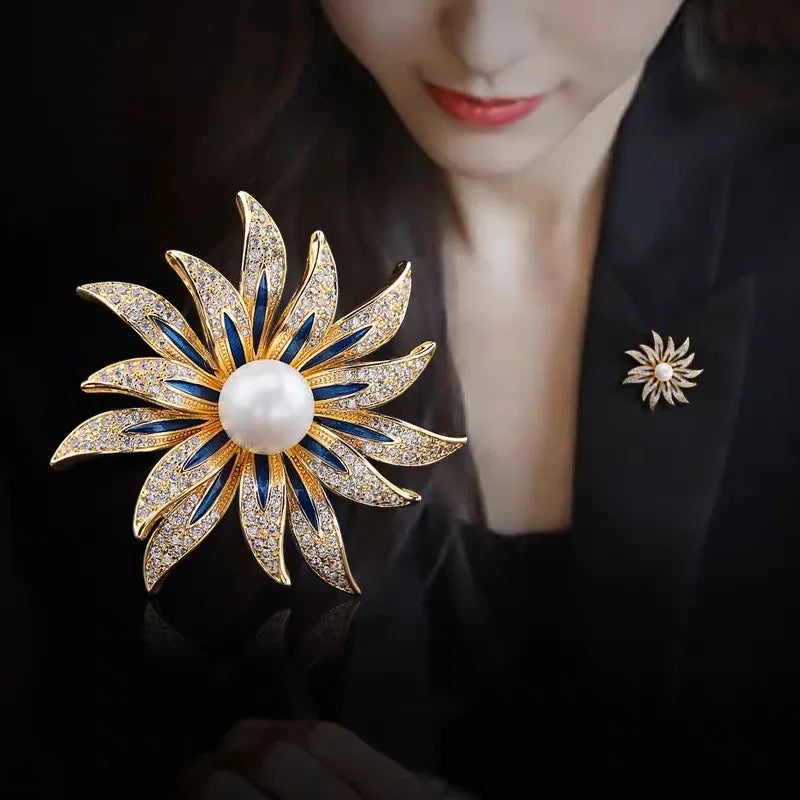 Exquisite Pearl Sunflower Brooches Lapel Pin Lady Rhinestone Flower Brooches Corsage Coat Wedding Jewelry for Women