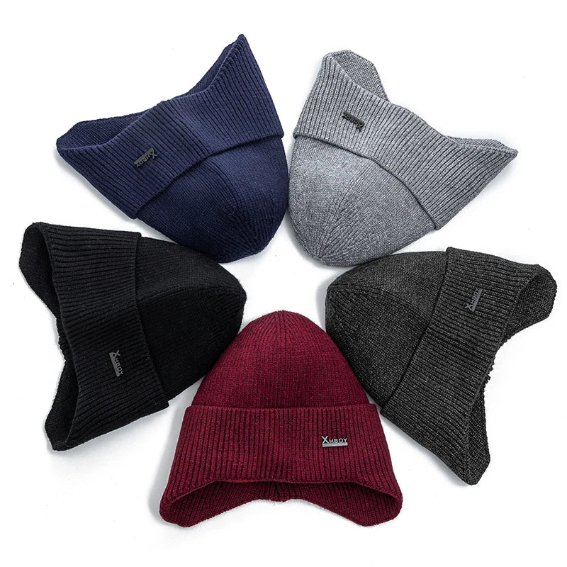 New Men Winter Hat Add Fleece Warm Earflap Cap Stylish Soft Beanie Hat For Male Outdoor Thicken Ski Sports Knitted Hat